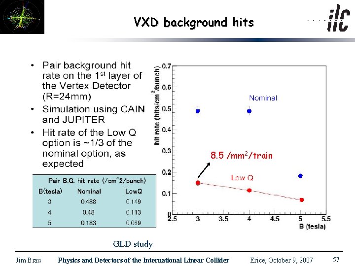 VXD background hits 8. 5 /mm 2/train GLD study Jim Brau Physics and Detectors