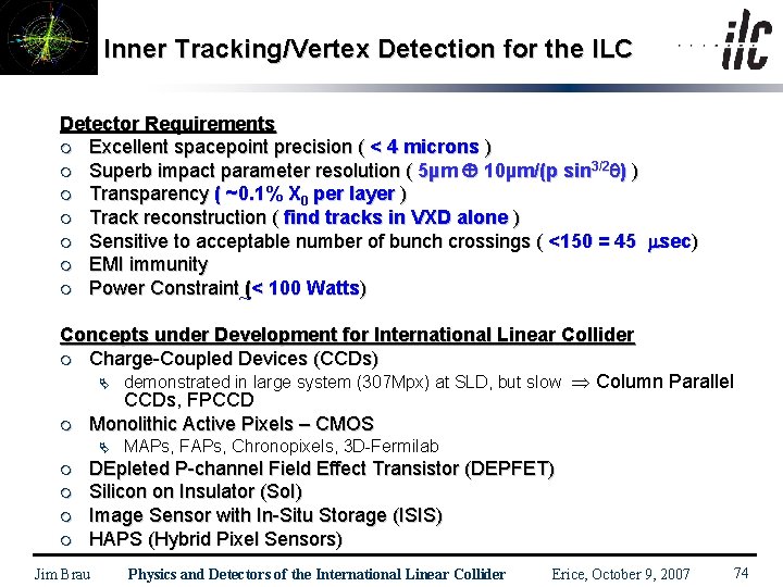 Inner Tracking/Vertex Detection for the ILC Detector Requirements m Excellent spacepoint precision ( <