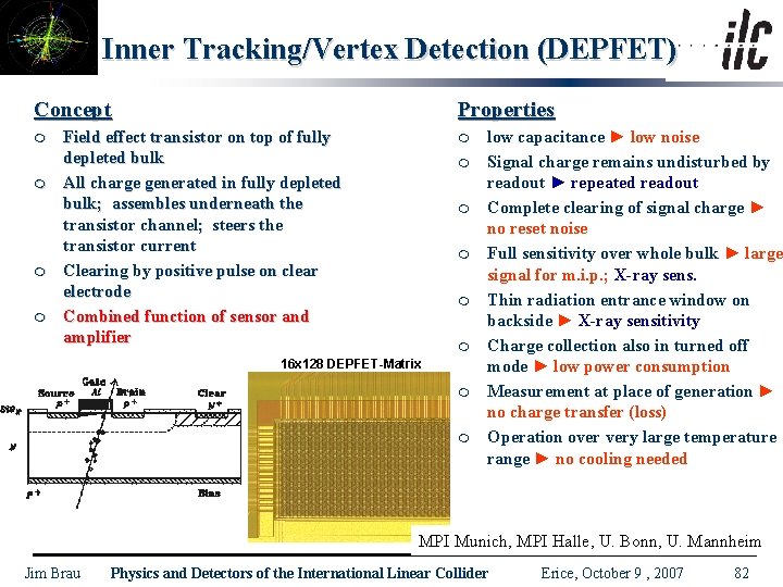 Inner Tracking/Vertex Detection (DEPFET) Concept m m Properties Field effect transistor on top of