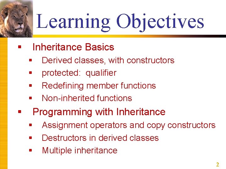 Chapter 14 Inheritance 1 Learning Objectives Inheritance Basics