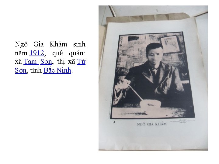 Ngô Gia Khảm sinh năm 1912, quê quán: xã Tam Sơn, thị xã Từ