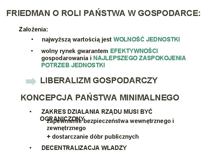 FRIEDMAN O ROLI PAŃSTWA W GOSPODARCE: Założenia: • najwyższą wartością jest WOLNOŚĆ JEDNOSTKI •