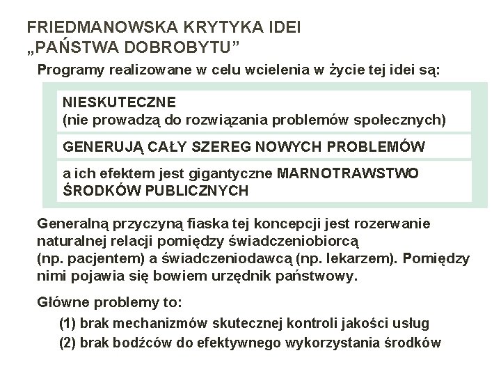 FRIEDMANOWSKA KRYTYKA IDEI „PAŃSTWA DOBROBYTU” Programy realizowane w celu wcielenia w życie tej idei