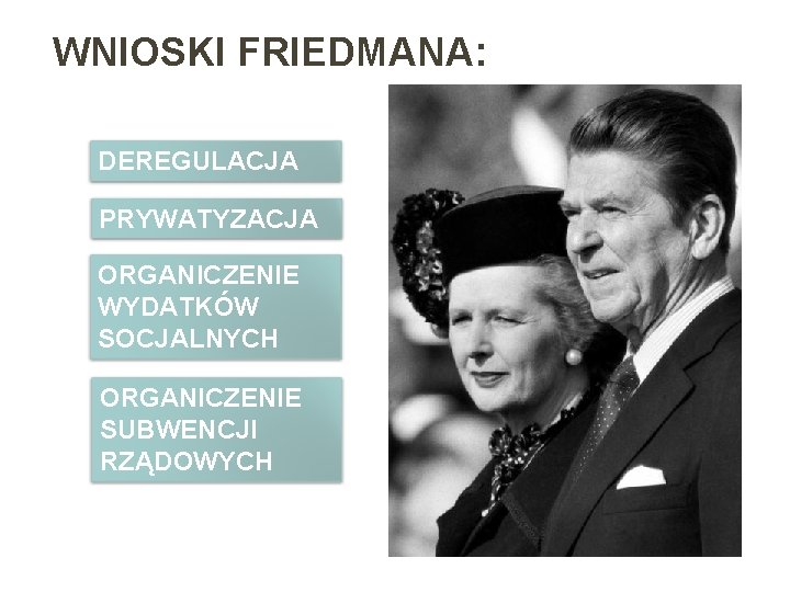 WNIOSKI FRIEDMANA: DEREGULACJA PRYWATYZACJA ORGANICZENIE WYDATKÓW SOCJALNYCH ORGANICZENIE SUBWENCJI RZĄDOWYCH 