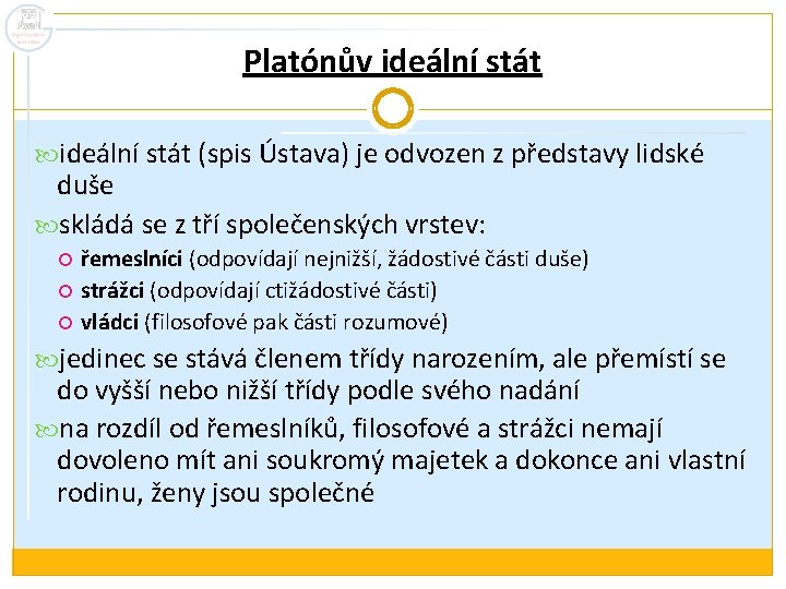 Platónův ideální stát (spis Ústava) je odvozen z představy lidské duše skládá se z