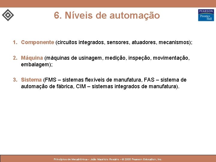 6. Níveis de automação 1. Componente (circuitos integrados, sensores, atuadores, mecanismos); 2. Máquina (máquinas 6. Níveis de automação 1. Componente (circuitos integrados, sensores, atuadores, mecanismos); 2. Máquina (máquinas