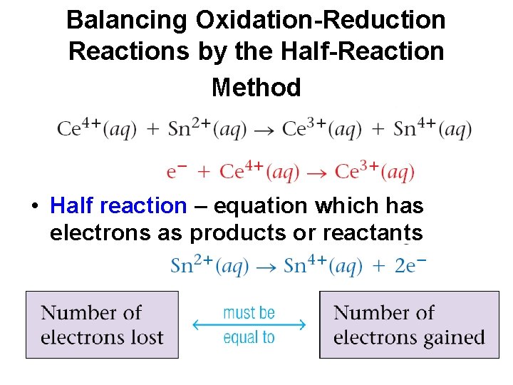 Balancing Oxidation-Reduction Reactions by the Half-Reaction Method • Half reaction – equation which has