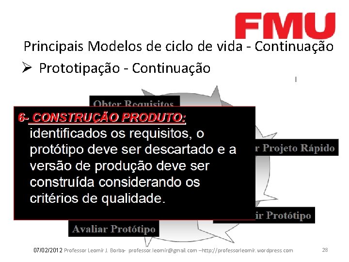 Principais Modelos de ciclo de vida - Continuação Ø Prototipação - Continuação 07/02/2012 Professor