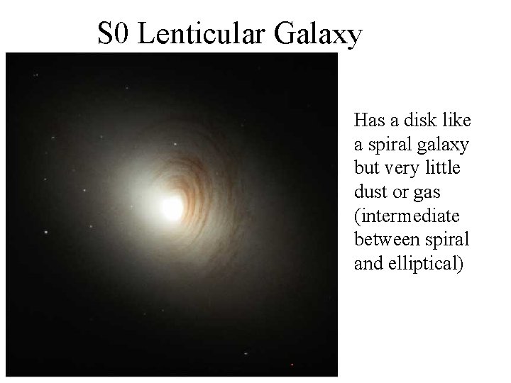 S 0 Lenticular Galaxy Has a disk like a spiral galaxy but very little