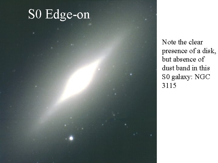 S 0 Edge-on Note the clear presence of a disk, but absence of dust
