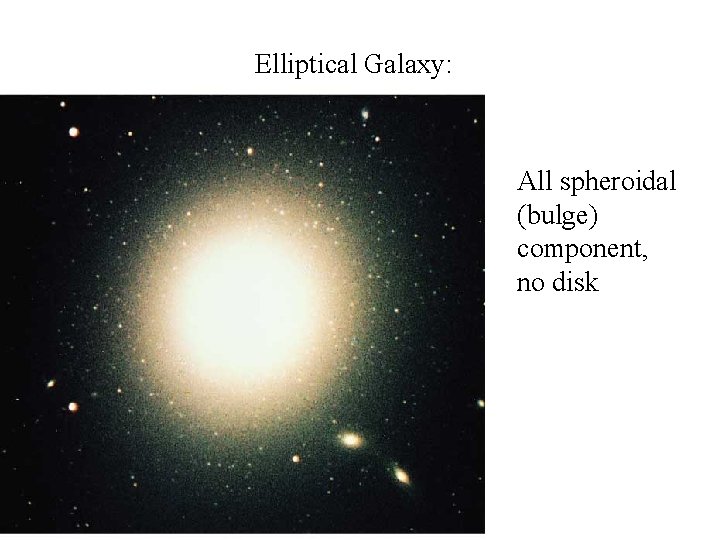 Elliptical Galaxy: All spheroidal (bulge) component, no disk 