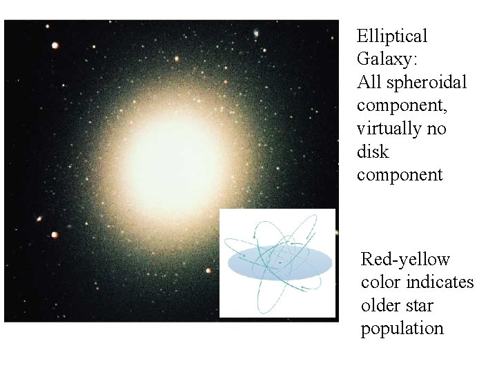 Elliptical Galaxy: All spheroidal component, virtually no disk component Red-yellow color indicates older star