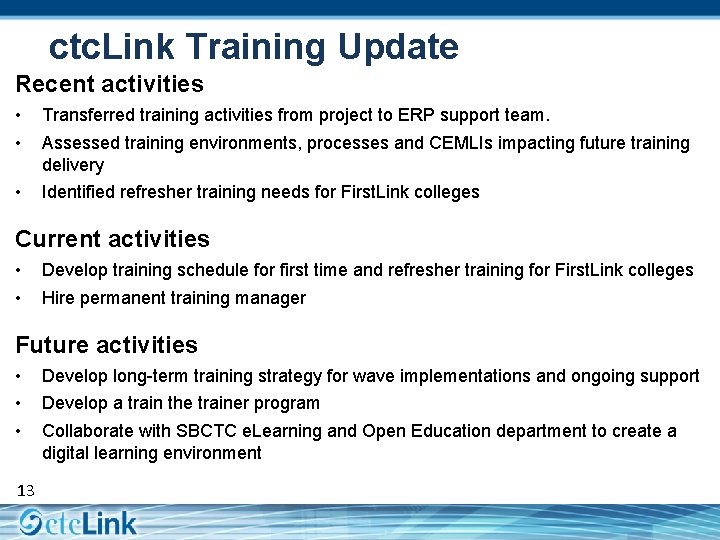 ctc. Link Training Update Recent activities • • Transferred training activities from project to