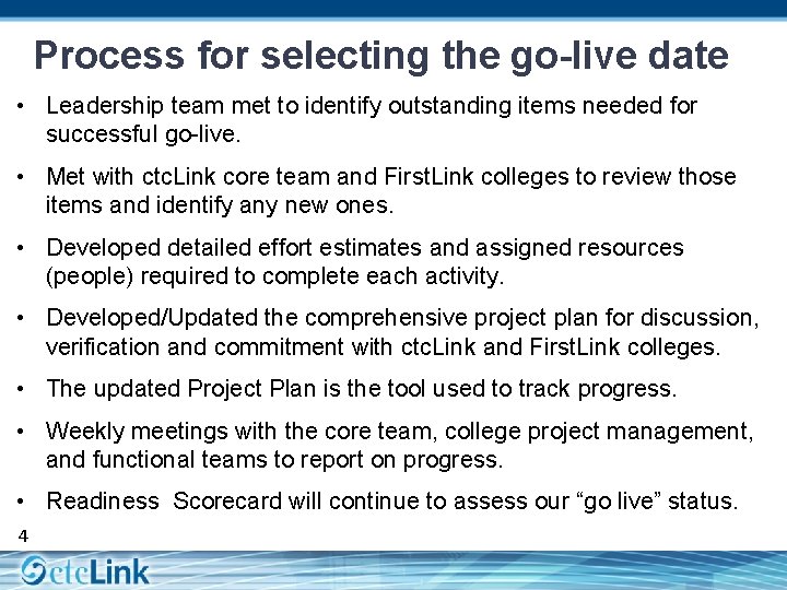 Process for selecting the go-live date • Leadership team met to identify outstanding items