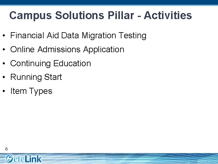 Campus Solutions Pillar - Activities • Financial Aid Data Migration Testing • Online Admissions