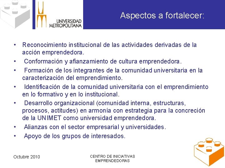 Aspectos a fortalecer: • Reconocimiento institucional de las actividades derivadas de la acción emprendedora.