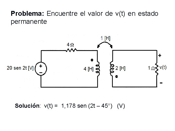 Problema: Encuentre el valor de v(t) en estado permanente Solución: v(t) = 1, 178