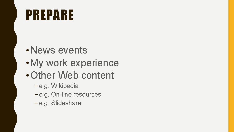 PREPARE • News events • My work experience • Other Web content – e.