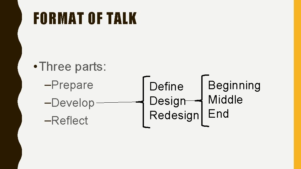 FORMAT OF TALK • Three parts: –Prepare –Develop –Reflect Beginning Define Middle Design Redesign