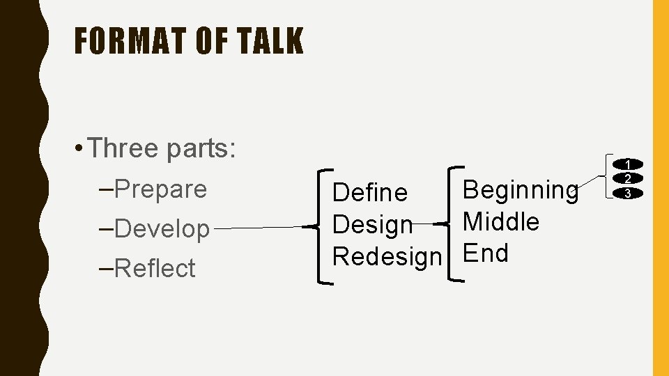 FORMAT OF TALK • Three parts: –Prepare –Develop –Reflect Beginning Define Middle Design Redesign