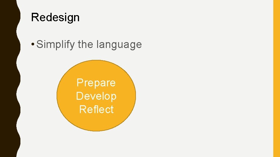 Redesign • Simplify the language Prepare Develop Reflect 