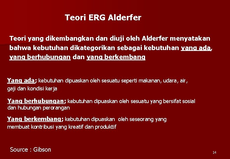 Teori ERG Alderfer Teori yang dikembangkan diuji oleh Alderfer menyatakan bahwa kebutuhan dikategorikan sebagai