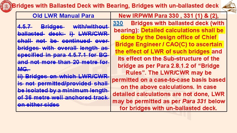 Bridges with Ballasted Deck with Bearing, Bridges with un-ballasted deck Old LWR Manual Para