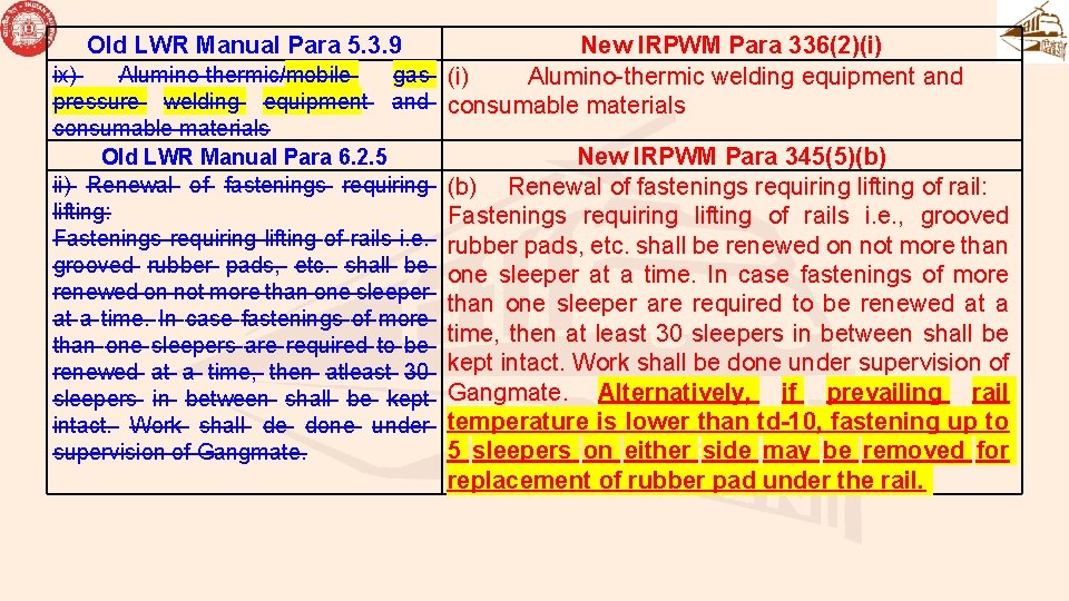 Old LWR Manual Para 5. 3. 9 New IRPWM Para 336(2)(i) ix) Alumino-thermic/mobile gas