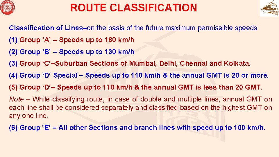 ROUTE CLASSIFICATION Classification of Lines–on the basis of the future maximum permissible speeds (1)