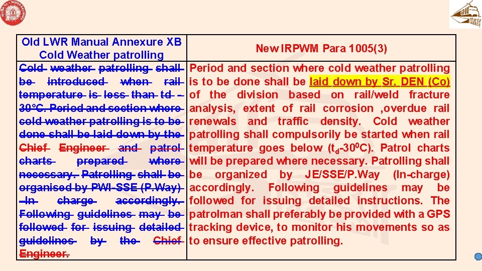 Old LWR Manual Annexure XB Cold Weather patrolling Cold weather patrolling shall be introduced