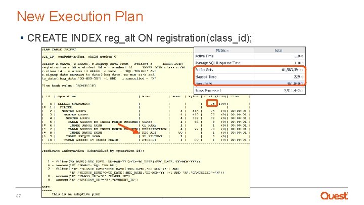 New Execution Plan • CREATE INDEX reg_alt ON registration(class_id); 37 quest. com | confidential