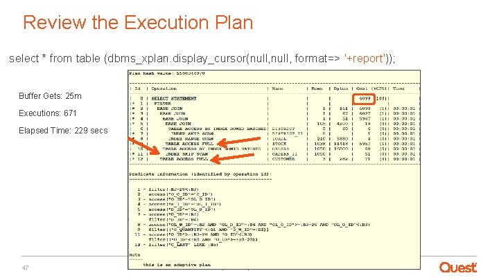 Review the Execution Plan select * from table (dbms_xplan. display_cursor(null, format=> '+report')); Buffer Gets: