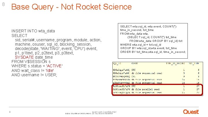 8 Base Query - Not Rocket Science INSERT INTO wta_data SELECT sid, serial#, username,