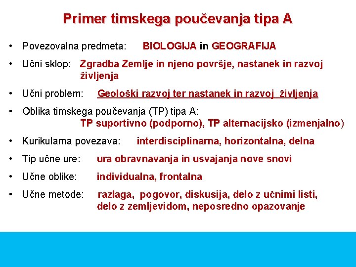 Primer timskega poučevanja tipa A • Povezovalna predmeta: BIOLOGIJA in GEOGRAFIJA • Učni sklop: Primer timskega poučevanja tipa A • Povezovalna predmeta: BIOLOGIJA in GEOGRAFIJA • Učni sklop: