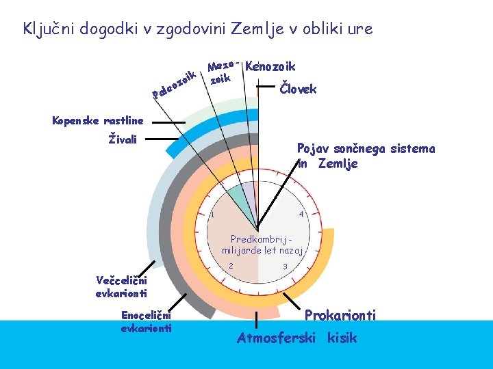 Ključni dogodki v zgodovini Zemlje v obliki ure oik z leo Pa Mezo Kenozoik