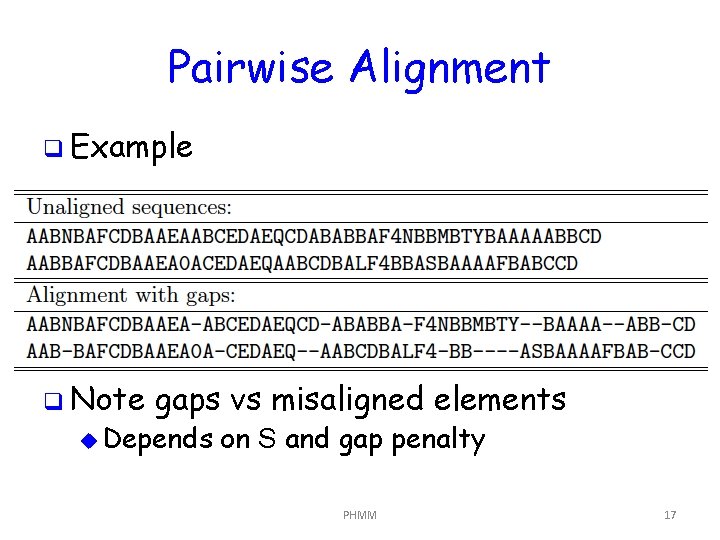 Pairwise Alignment q Example q Note gaps vs misaligned elements u Depends on S