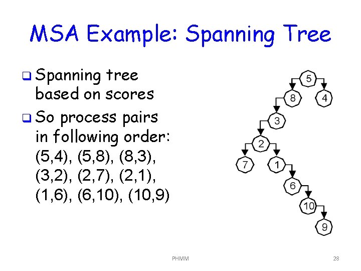 MSA Example: Spanning Tree q Spanning tree based on scores q So process pairs