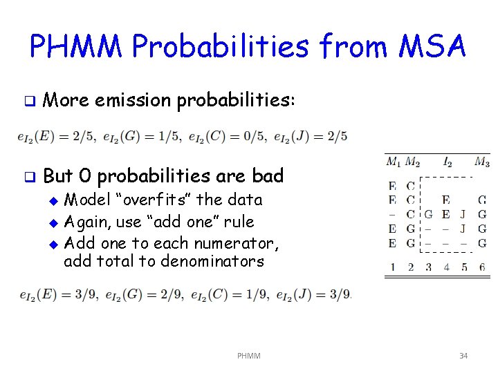 PHMM Probabilities from MSA q More emission probabilities: q But 0 probabilities are bad