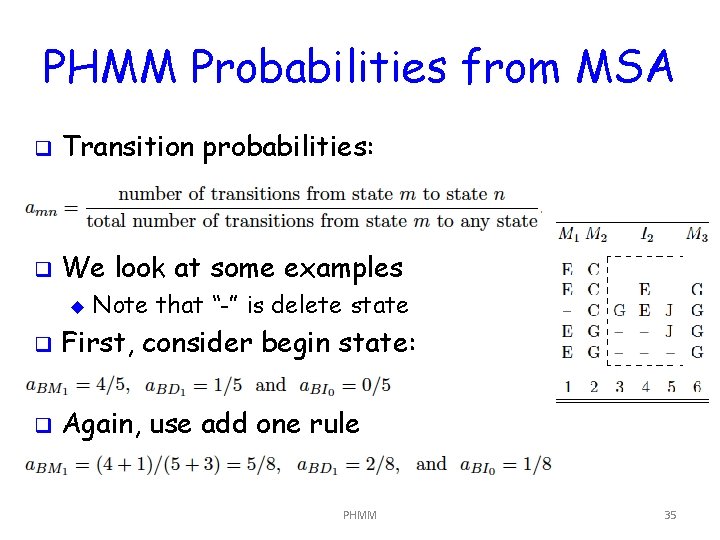 PHMM Probabilities from MSA q Transition probabilities: q We look at some examples u