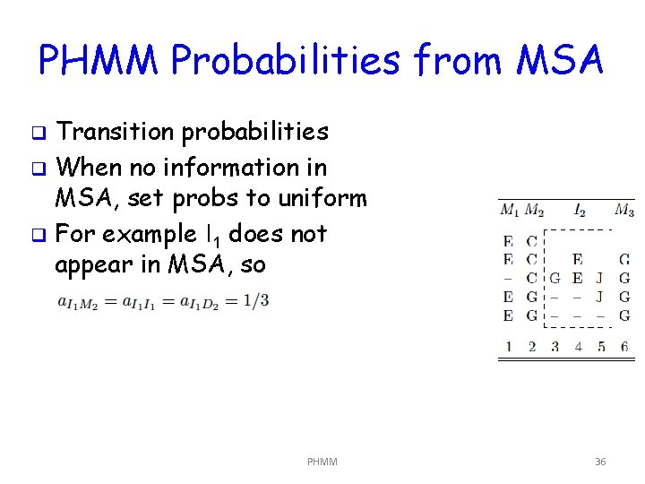 PHMM Probabilities from MSA Transition probabilities q When no information in MSA, set probs