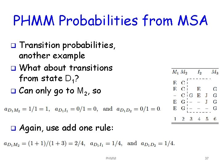 PHMM Probabilities from MSA Transition probabilities, another example q What about transitions from state