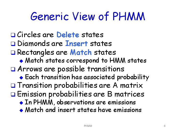 Generic View of PHMM q Circles are Delete states q Diamonds are Insert states
