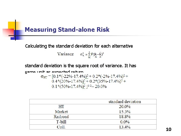 Measuring Stand-alone Risk Calculating the standard deviation for each alternative standard deviation is the Measuring Stand-alone Risk Calculating the standard deviation for each alternative standard deviation is the
