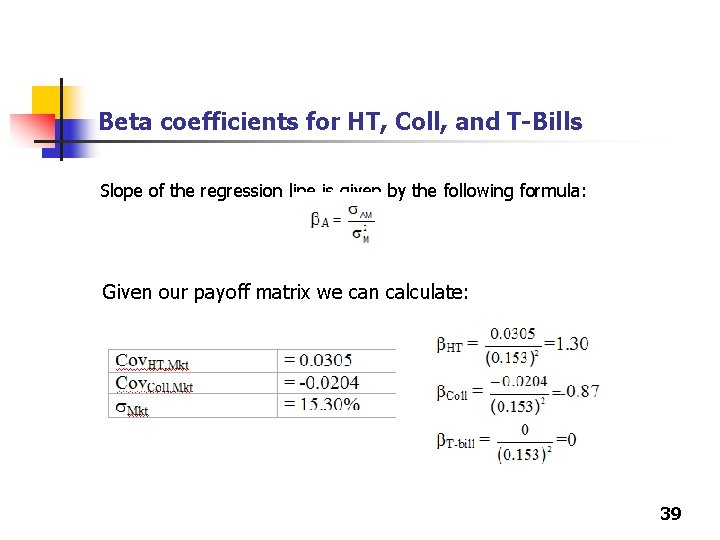 Beta coefficients for HT, Coll, and T-Bills Slope of the regression line is given Beta coefficients for HT, Coll, and T-Bills Slope of the regression line is given