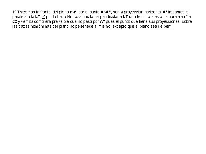 1º Trazamos la frontal del plano r'-r'' por el punto A'-A'', por la proyección