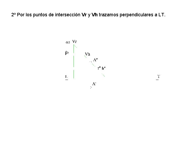 2º Por los puntos de intersección Vr y Vh trazamos perpendiculares a LT. 