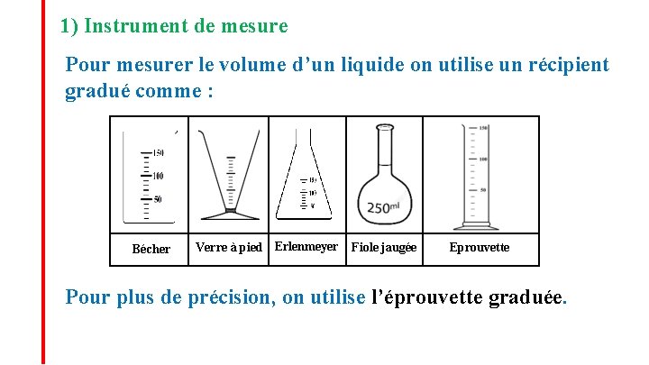 1) Instrument de mesure Pour mesurer le volume d’un liquide on utilise un récipient