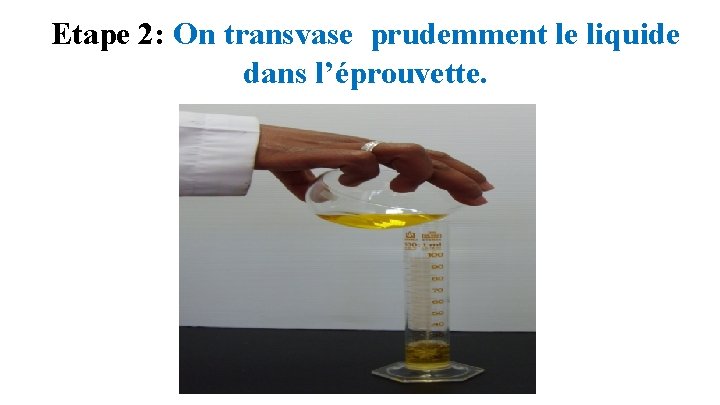 Etape 2: On transvase prudemment le liquide dans l’éprouvette. 