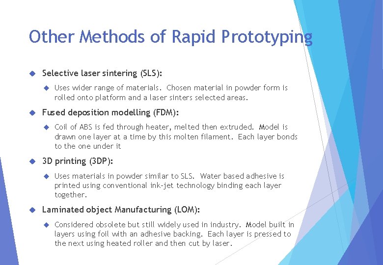 Other Methods of Rapid Prototyping Selective laser sintering (SLS): Fused deposition modelling (FDM): Coil