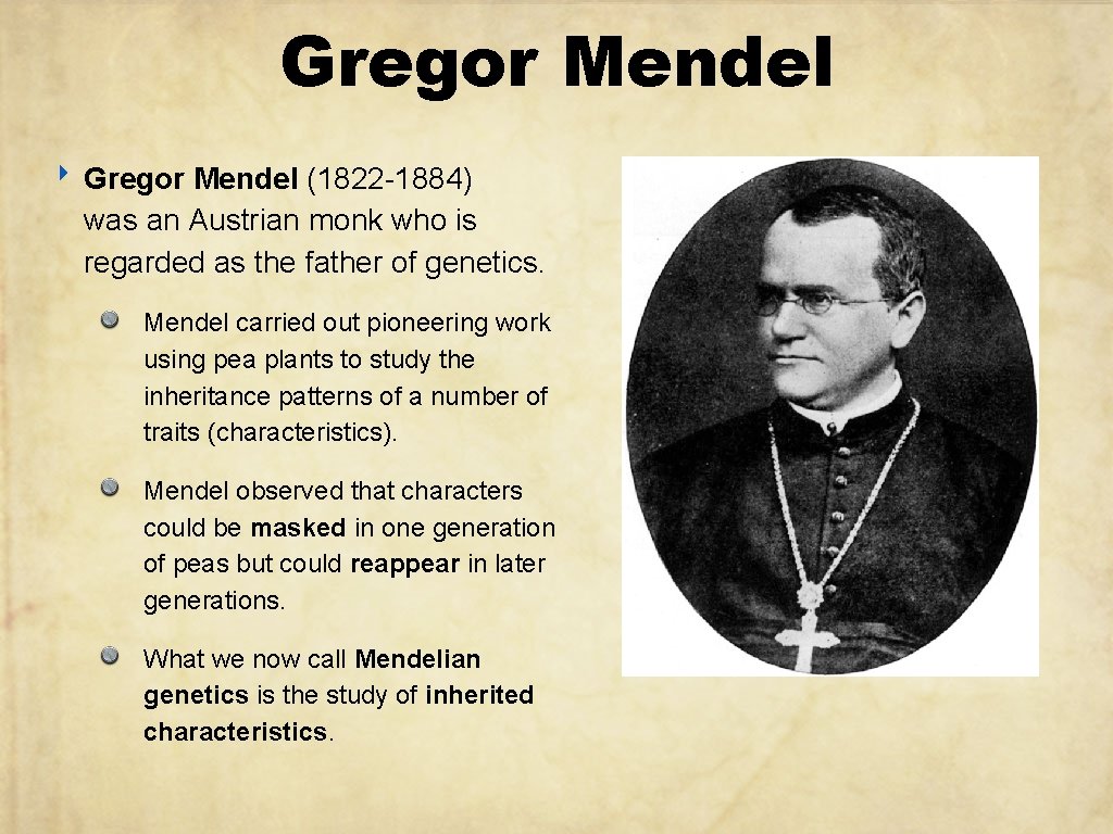 Gregor Mendel ‣ Gregor Mendel (1822 -1884) was an Austrian monk who is regarded